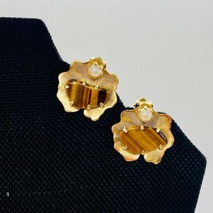 Vintage WEISS Gold Tone Pearl & Natural Stone Tiger's Eye Clip On Earrings